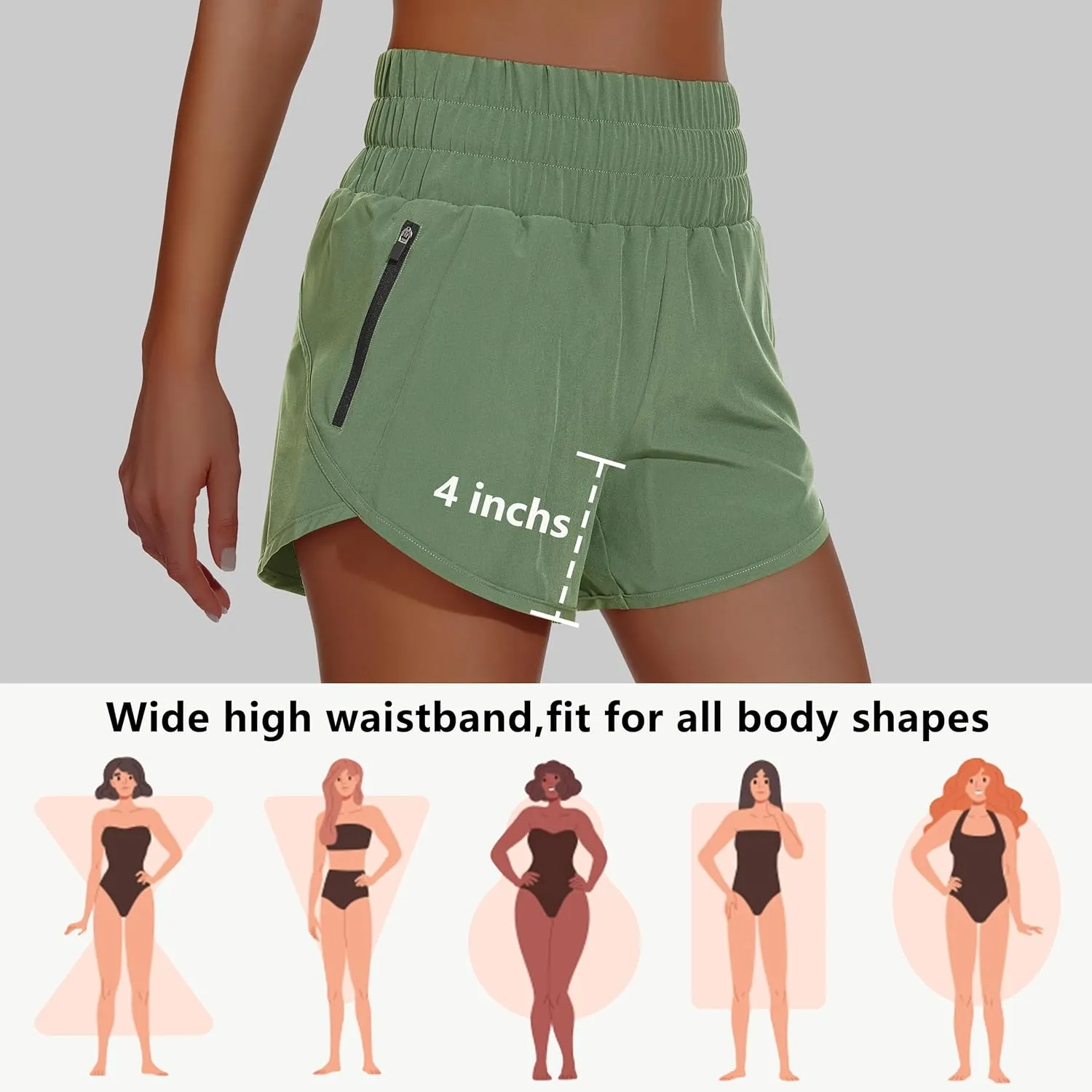 Women's High Waisted Athletic Shorts 4" High Rise Running Workout Gym Quick Dry Tummy Control Short with Zipper Pockets