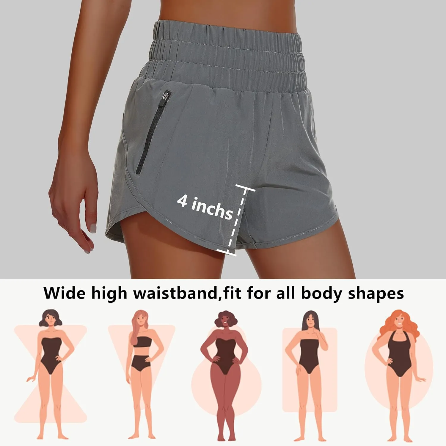 Women's High Waisted Athletic Shorts 4" High Rise Running Workout Gym Quick Dry Tummy Control Short with Zipper Pockets