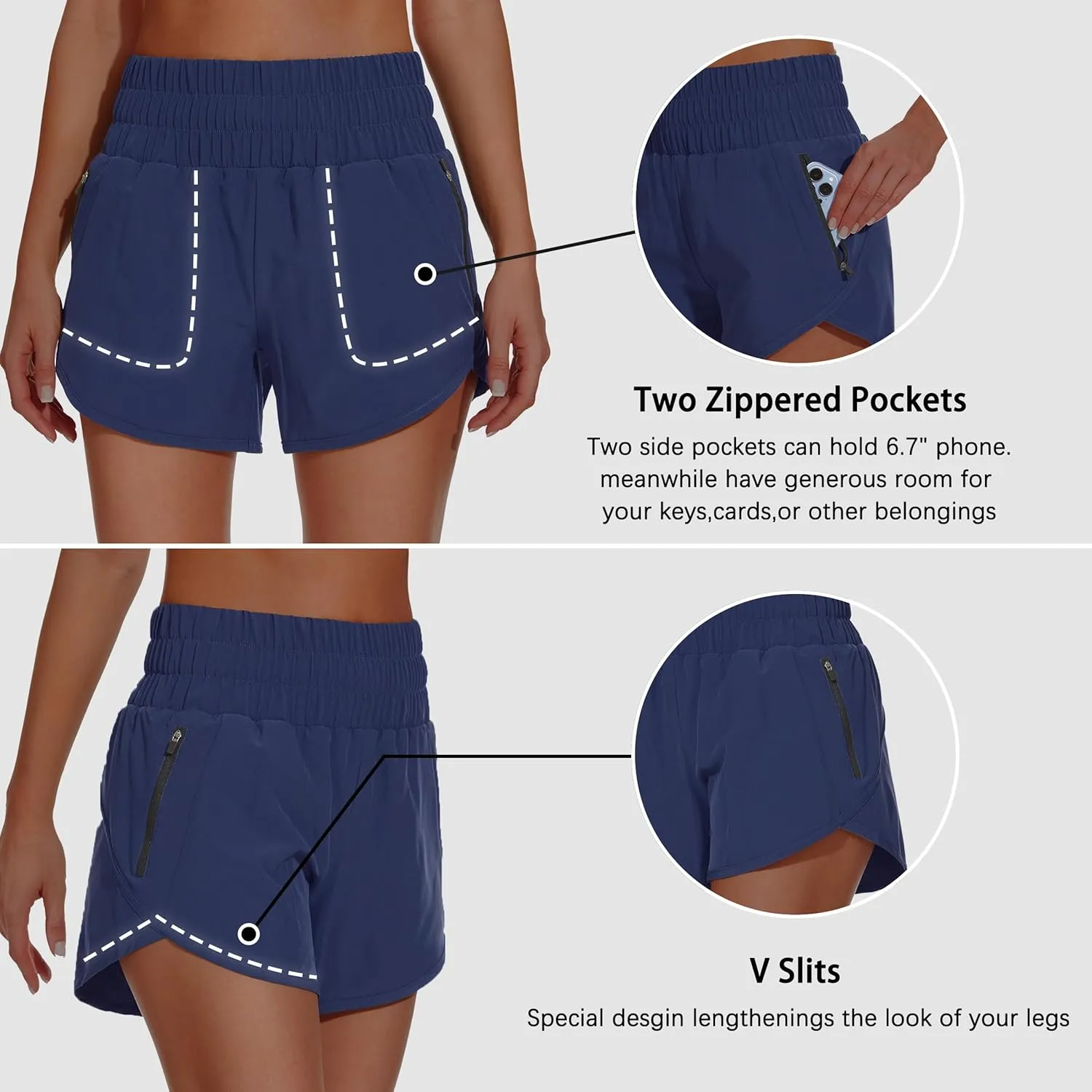 Women's High Waisted Athletic Shorts 4" High Rise Running Workout Gym Quick Dry Tummy Control Short with Zipper Pockets