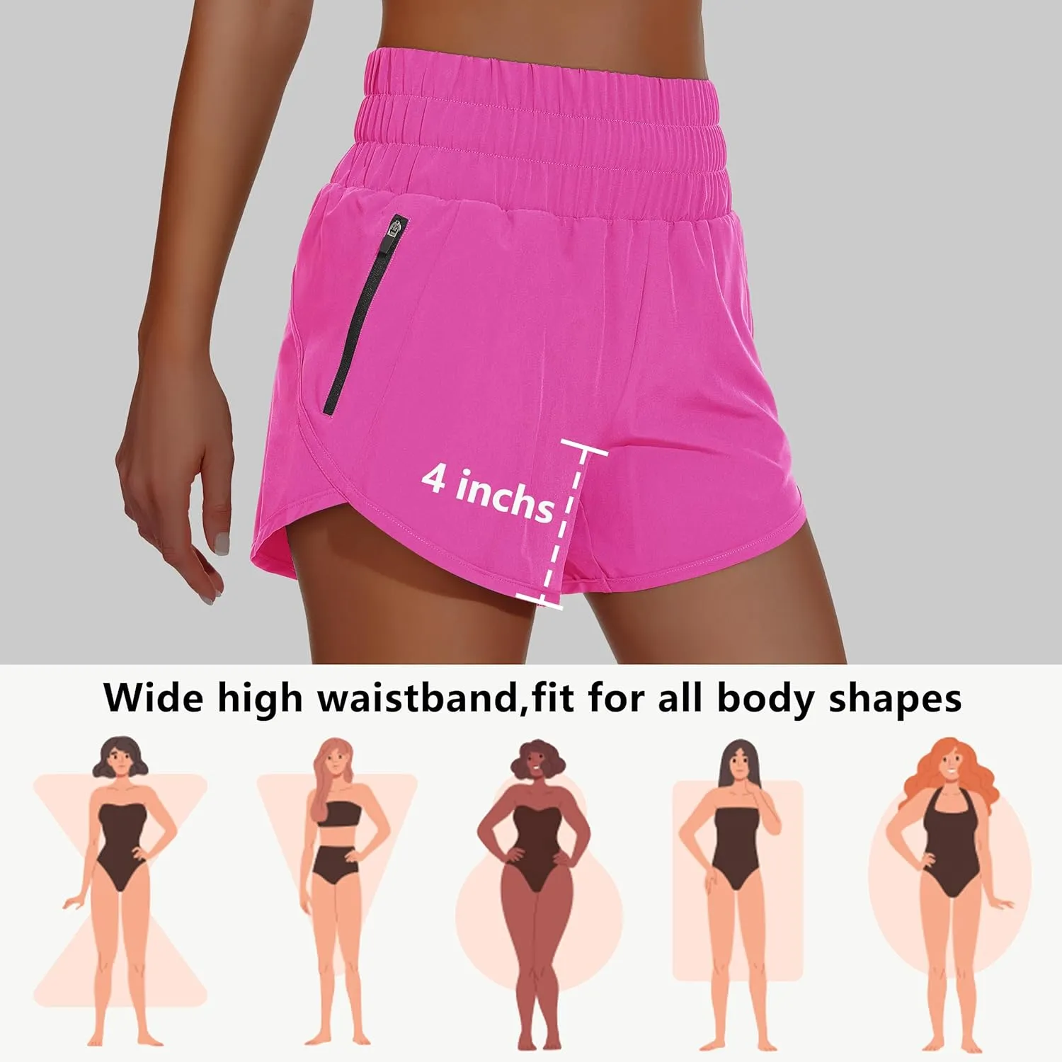 Women's High Waisted Athletic Shorts 4" High Rise Running Workout Gym Quick Dry Tummy Control Short with Zipper Pockets