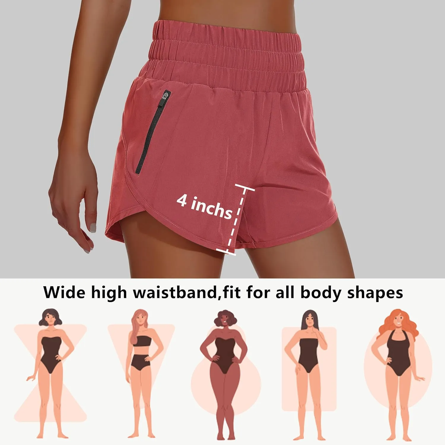 Women's High Waisted Athletic Shorts 4" High Rise Running Workout Gym Quick Dry Tummy Control Short with Zipper Pockets