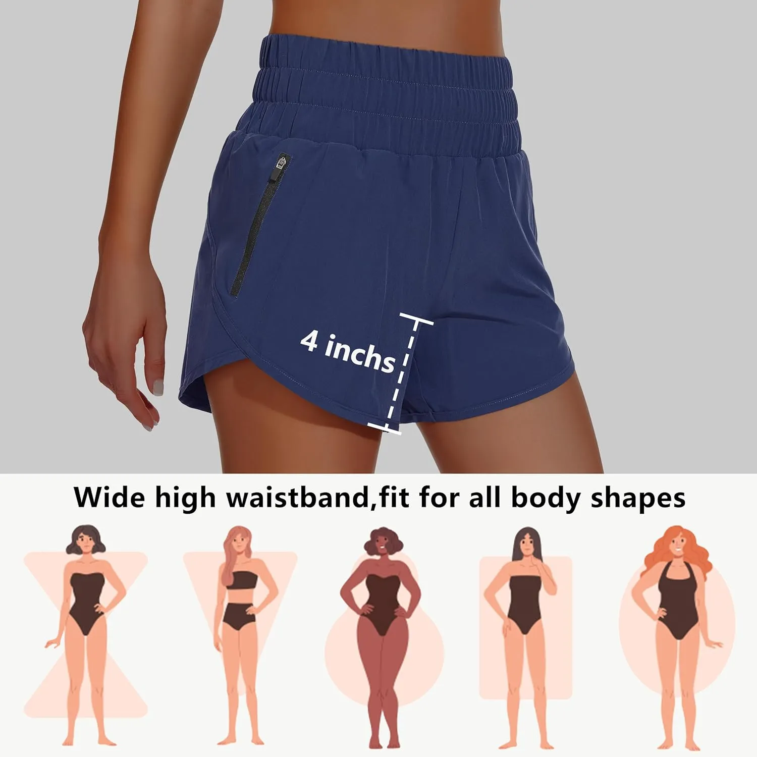 Women's High Waisted Athletic Shorts 4" High Rise Running Workout Gym Quick Dry Tummy Control Short with Zipper Pockets