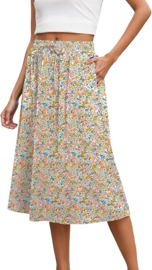 Women's High Waisted Skirts Drawstring Flowy Baggy Wide Leg Skirt Elastic Waisted Mid Length Casual Comfortable Skorts
