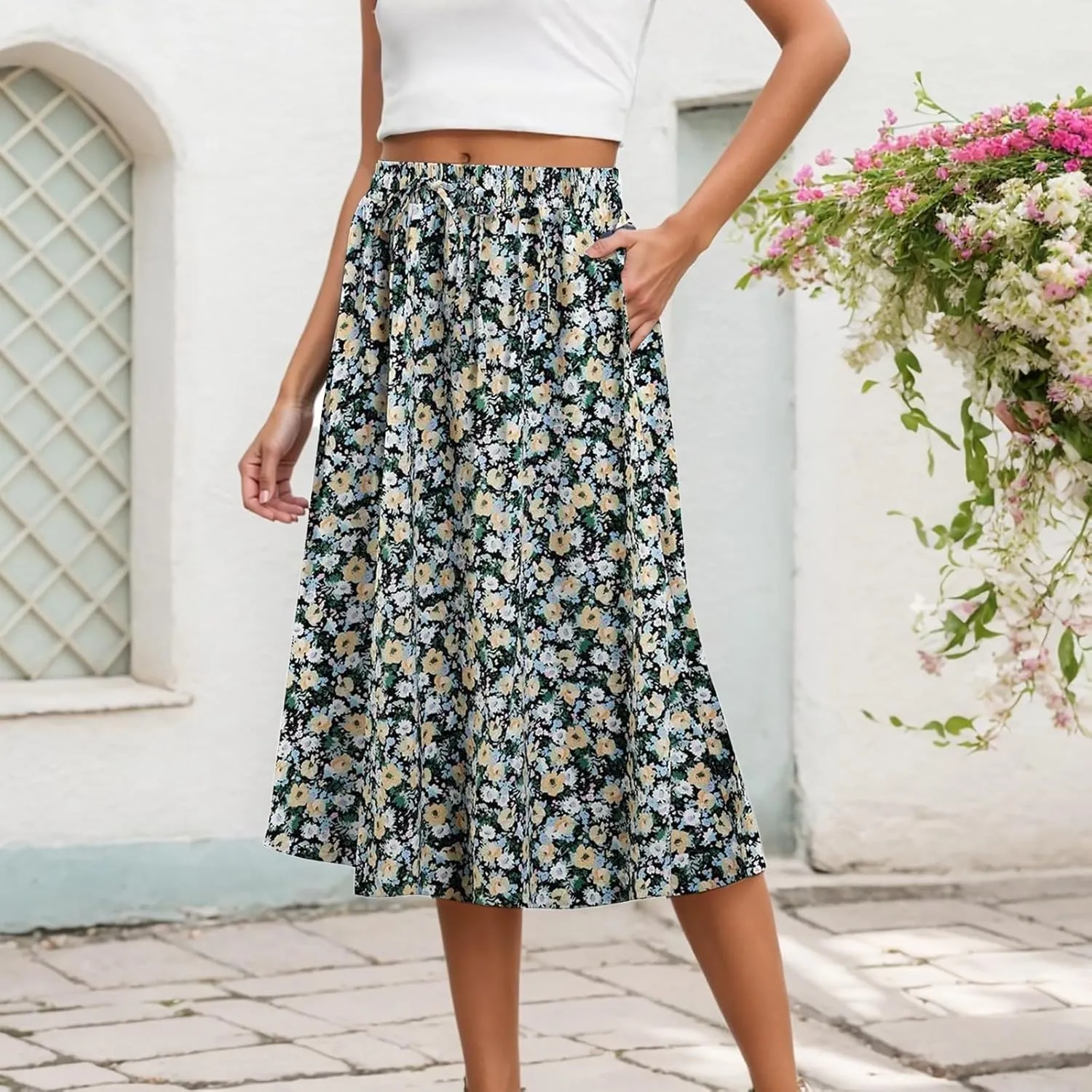 Women's High Waisted Skirts Pleated Flowy Drawstring Casual Skirts Lightweight Elastic Waisted Skorts with Pockets 2025