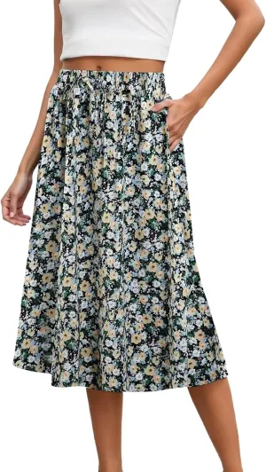Women's High Waisted Skirts Pleated Flowy Drawstring Casual Skirts Lightweight Elastic Waisted Skorts with Pockets 2025