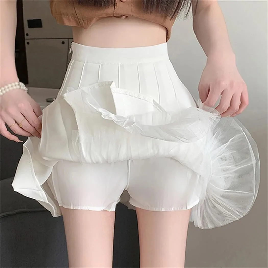 Women's Irregular Mesh Stitching Pleated Skirt Fashion High-Waisted Korean Solid Color Mini Skirt