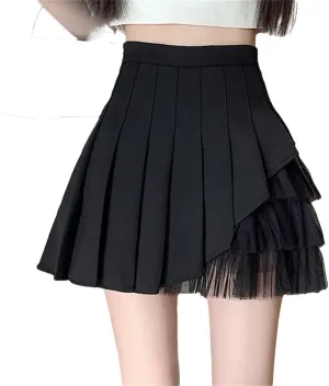 Women's Irregular Mesh Stitching Pleated Skirt Fashion High-Waisted Korean Solid Color Mini Skirt