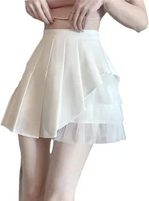 Women's Irregular Mesh Stitching Pleated Skirt Fashion High-Waisted Korean Solid Color Mini Skirt