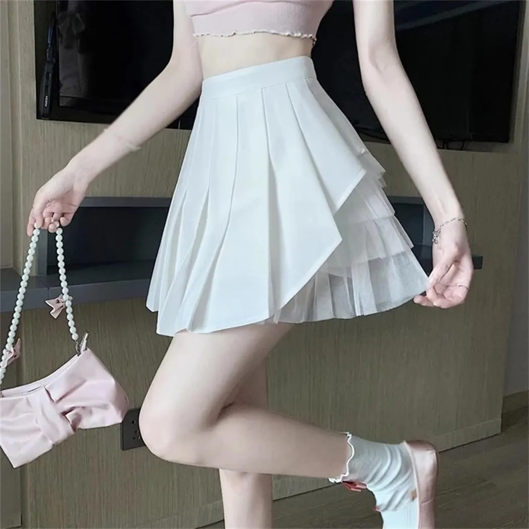 Women's Irregular Mesh Stitching Pleated Skirt Fashion High-Waisted Korean Solid Color Mini Skirt
