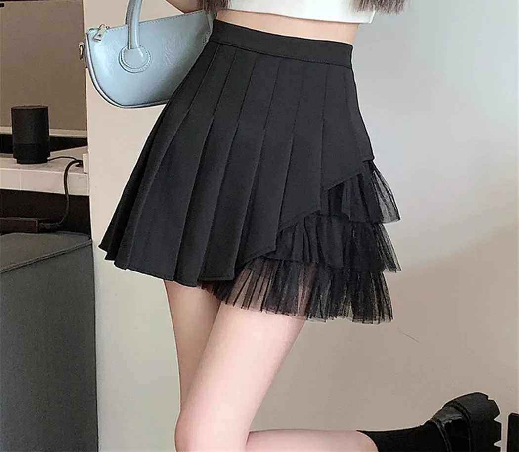 Women's Irregular Mesh Stitching Pleated Skirt Fashion High-Waisted Korean Solid Color Mini Skirt