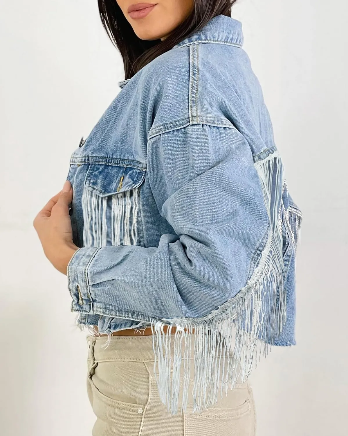 Women's Jean Jacket Button Down Fringe Cropped Denim Jackets Boyfriend Light Jackets Coats