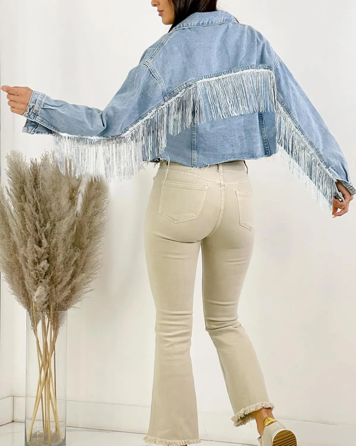 Women's Jean Jacket Button Down Fringe Cropped Denim Jackets Boyfriend Light Jackets Coats