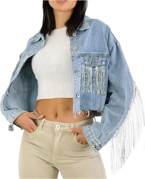 Women's Jean Jacket Button Down Fringe Cropped Denim Jackets Boyfriend Light Jackets Coats