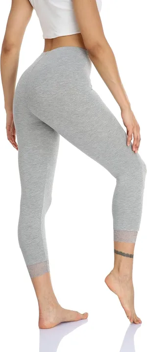 Women's Lace Trim Leggings 3/4 Length Capri Stretchy High Waist Yoga Cropped Leggings Lightweight Tights Leggings