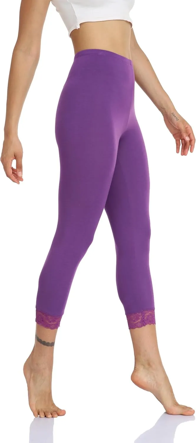 Women's Lace Trim Leggings 3/4 Length Capri Stretchy High Waist Yoga Cropped Leggings Lightweight Tights Leggings