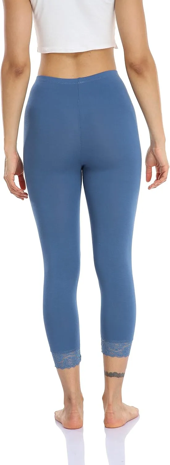 Women's Lace Trim Leggings 3/4 Length Capri Stretchy High Waist Yoga Cropped Leggings Lightweight Tights Leggings