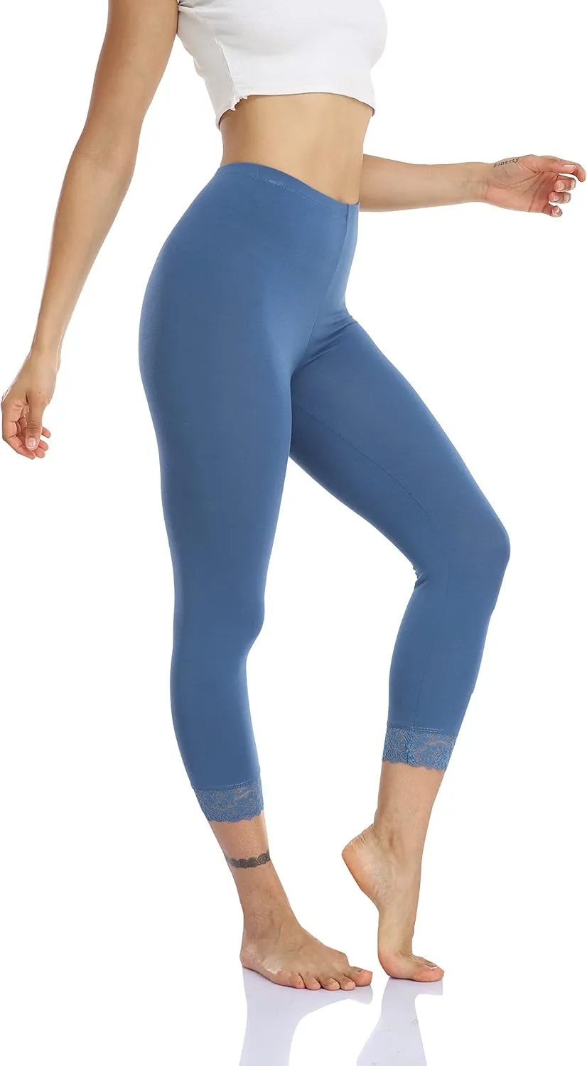 Women's Lace Trim Leggings 3/4 Length Capri Stretchy High Waist Yoga Cropped Leggings Lightweight Tights Leggings