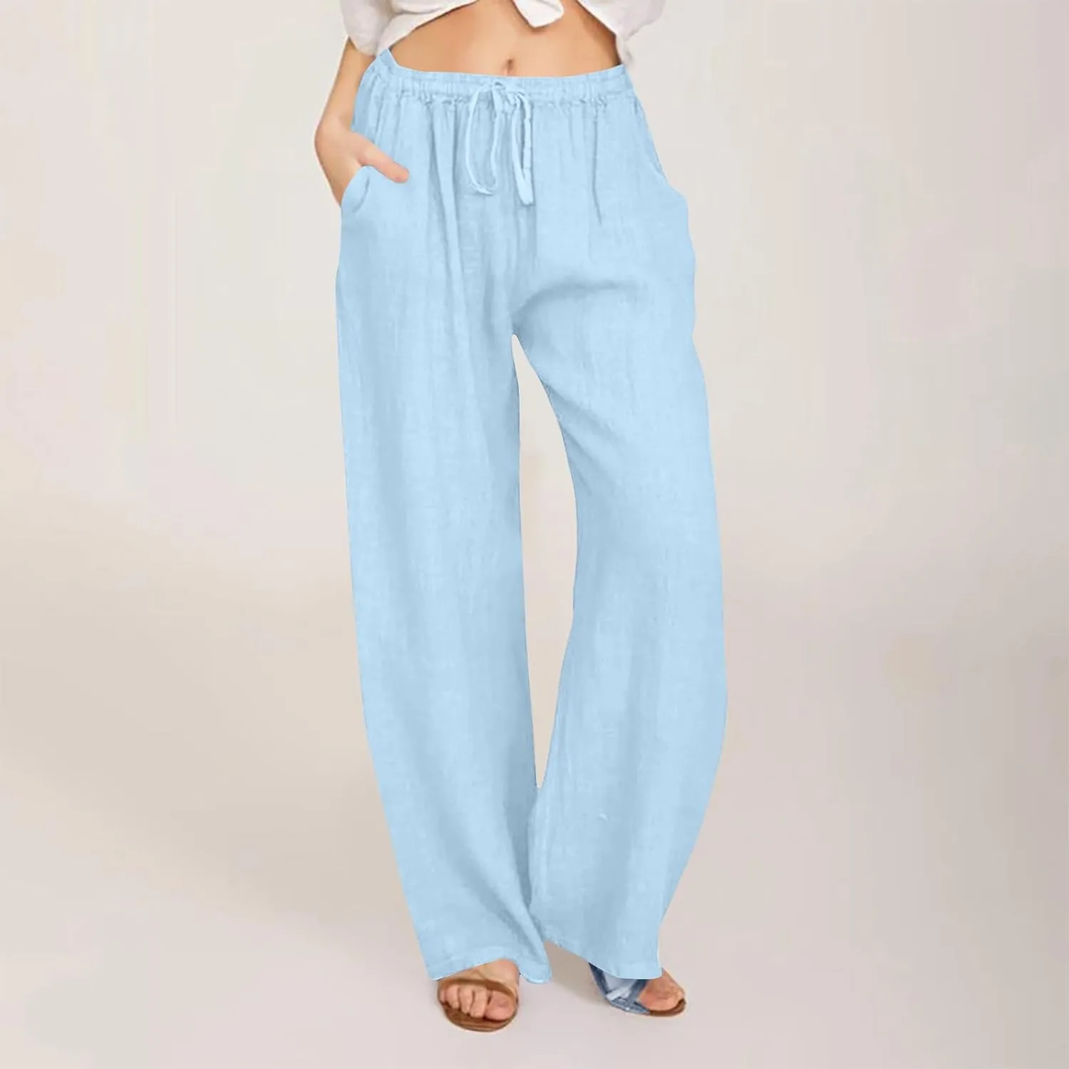 Women's Linen Palazzo Pants 2025 Summer Casual Drawstring High Waist Wide Leg Pants Flowy Beach Trousers Outfits