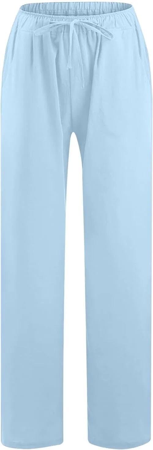 Women's Linen Palazzo Pants 2025 Summer Casual Drawstring High Waist Wide Leg Pants Flowy Beach Trousers Outfits