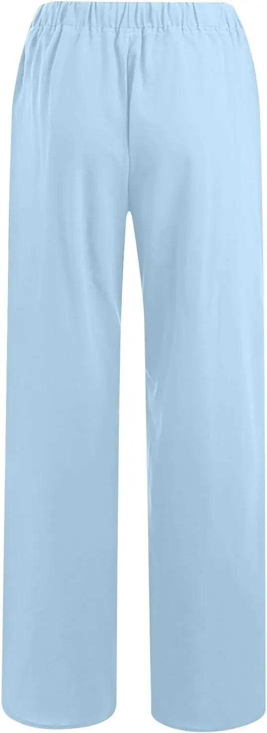 Women's Linen Palazzo Pants 2025 Summer Casual Drawstring High Waist Wide Leg Pants Flowy Beach Trousers Outfits
