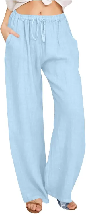 Women's Linen Palazzo Pants 2025 Summer Casual Drawstring High Waist Wide Leg Pants Flowy Beach Trousers Outfits