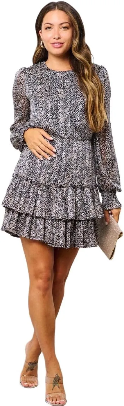 Women's Long Sleeve Tiered Ruffle Ditsy Floral Mini Dress