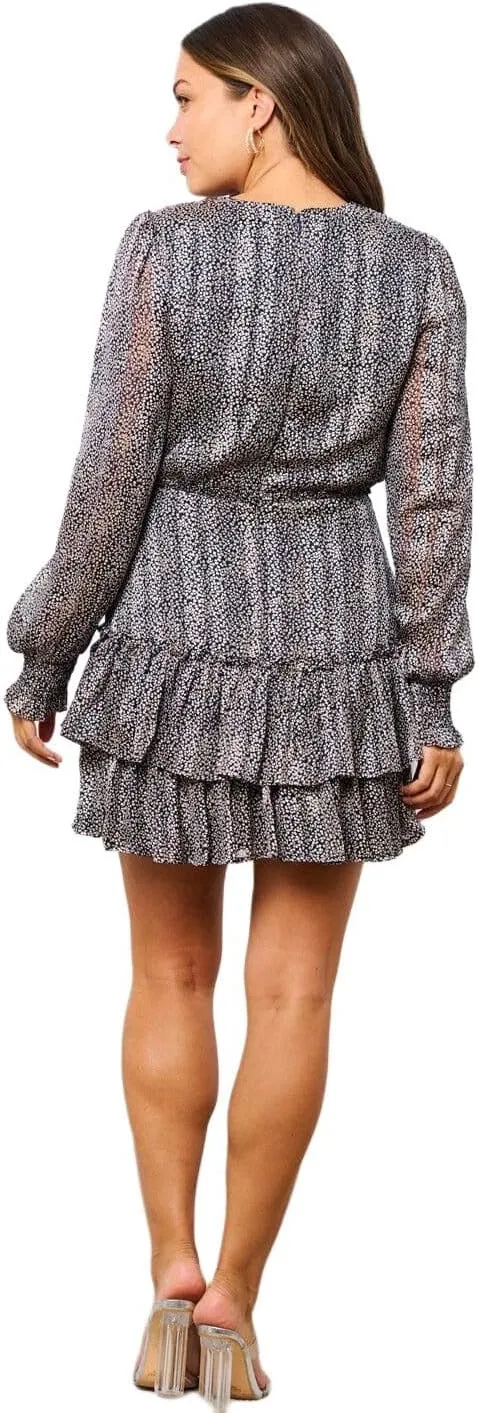 Women's Long Sleeve Tiered Ruffle Ditsy Floral Mini Dress