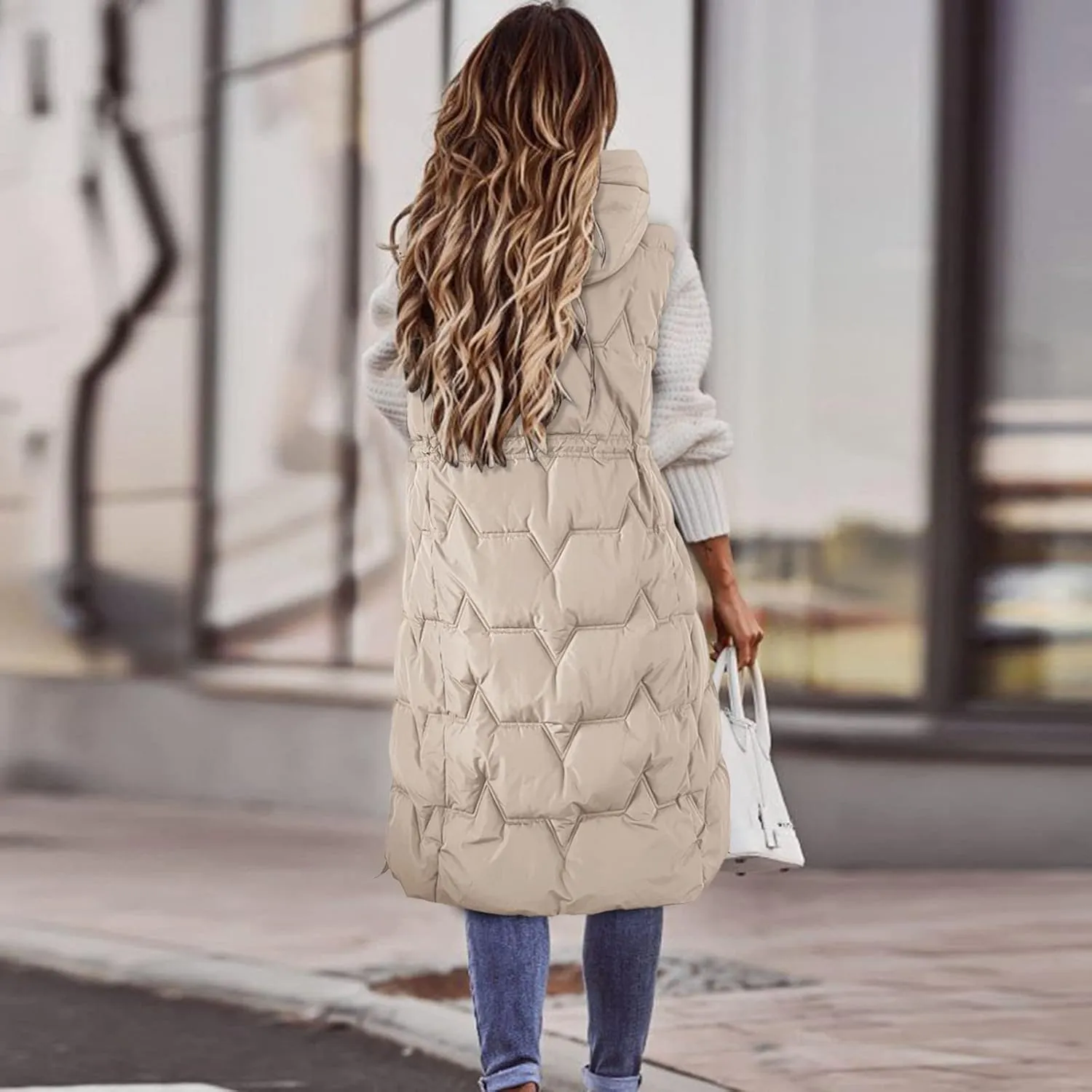 Women's Long Vest Sleeveless Lightweight Puffer Jacket Packable Hooded Down Coat Quilted Vest with Hood Winter