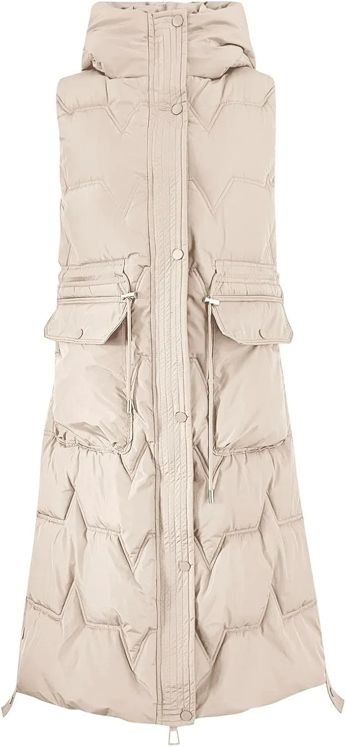Women's Long Vest Sleeveless Lightweight Puffer Jacket Packable Hooded Down Coat Quilted Vest with Hood Winter