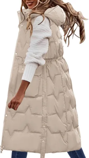 Women's Long Vest Sleeveless Lightweight Puffer Jacket Packable Hooded Down Coat Quilted Vest with Hood Winter