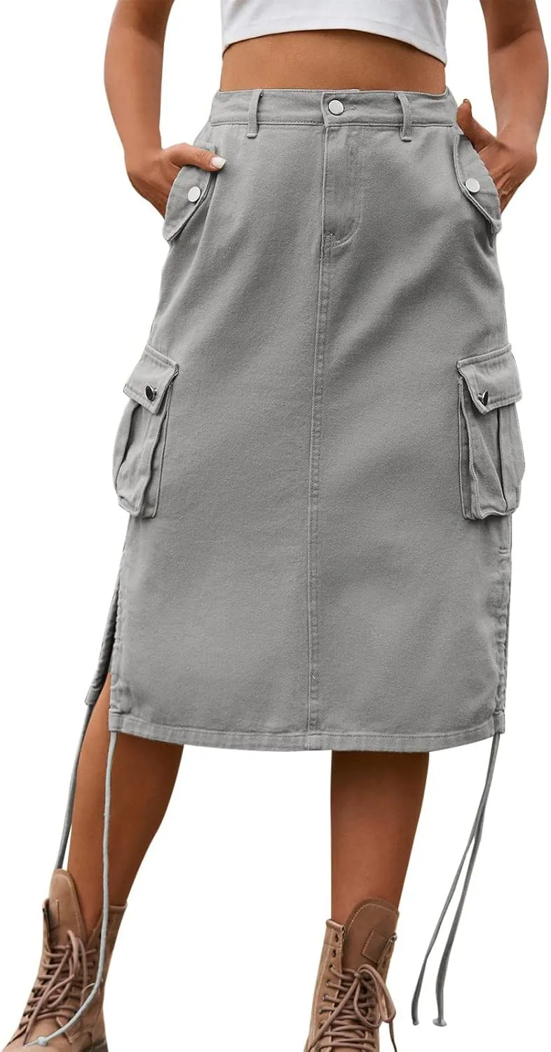 Women's Low Waist Cargo Skirt High Waisted Skirts Denim Skirt with Pocket Fashion Versatile Pencil Skirts for