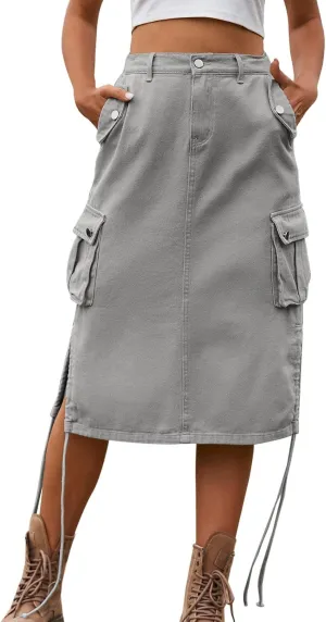Women's Low Waist Cargo Skirt High Waisted Skirts Denim Skirt with Pocket Fashion Versatile Pencil Skirts for