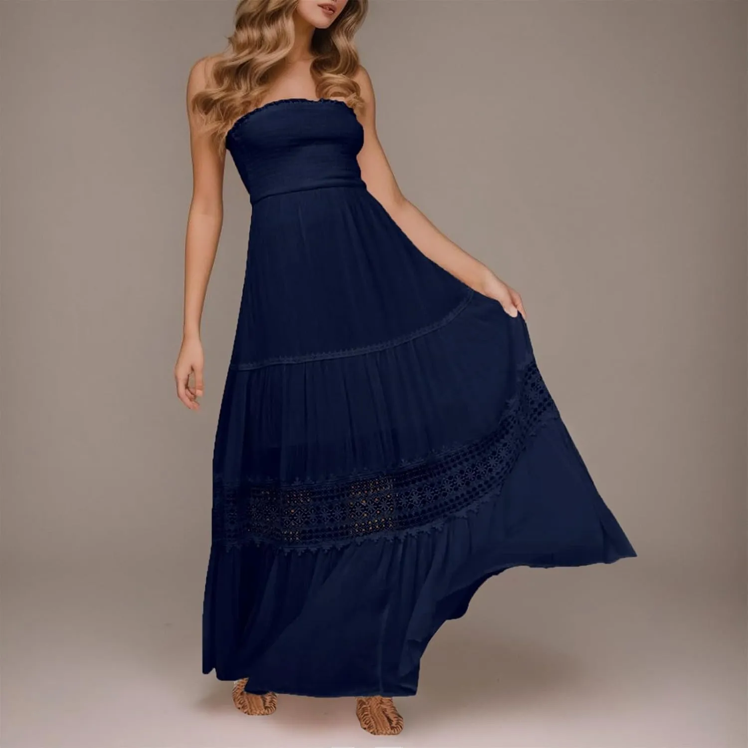 Women's Maxi Dress 2025 Summer Off Shoulder Smocked Tiered Ruffle Long Flowy Dresses Casual Beach Sundress