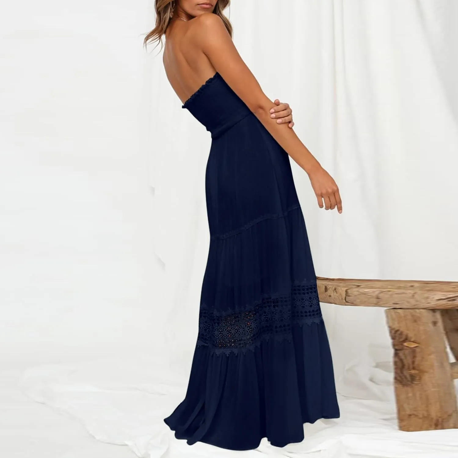 Women's Maxi Dress 2025 Summer Off Shoulder Smocked Tiered Ruffle Long Flowy Dresses Casual Beach Sundress