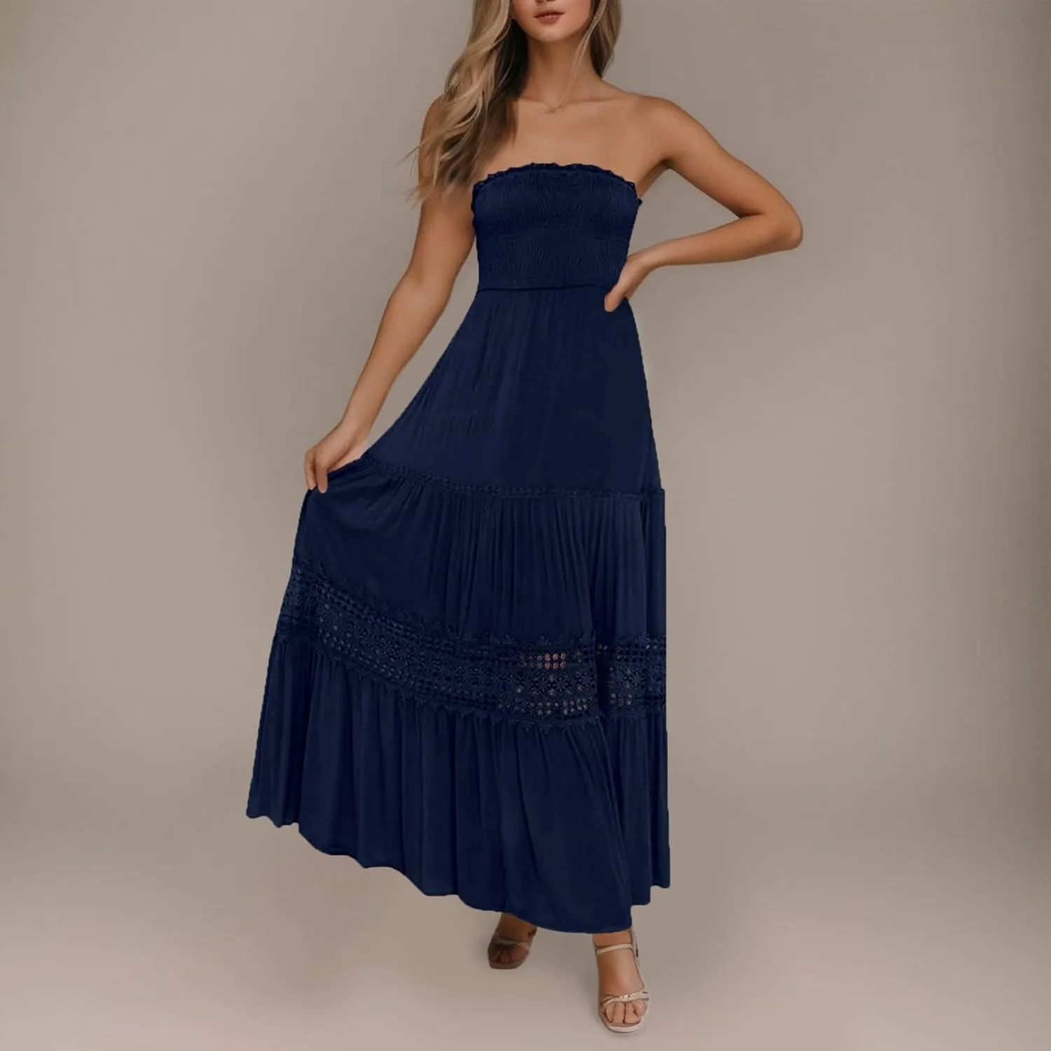 Women's Maxi Dress 2025 Summer Off Shoulder Smocked Tiered Ruffle Long Flowy Dresses Casual Beach Sundress