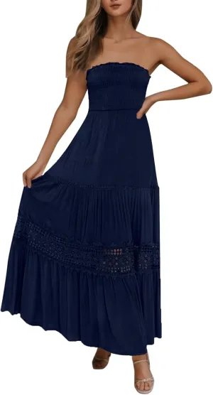 Women's Maxi Dress 2025 Summer Off Shoulder Smocked Tiered Ruffle Long Flowy Dresses Casual Beach Sundress