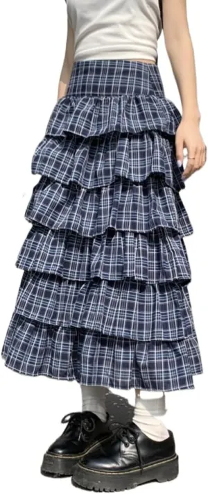 Women's Plaid Midi Skirts Y2K High Waisted A Line Midi Skirts Ruffled Skirts Tiered Pleated Vintage Skirts