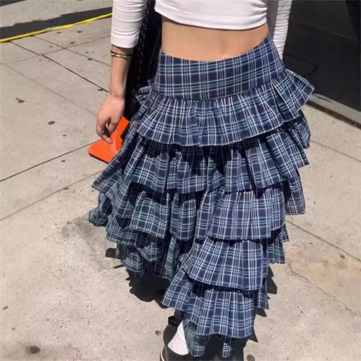 Women's Plaid Midi Skirts Y2K High Waisted A Line Midi Skirts Ruffled Skirts Tiered Pleated Vintage Skirts