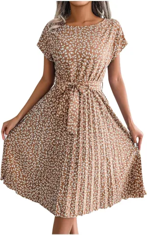 Womens Short Sleeve Midi Dresses Spring Casual Crew Neck Belted Pleated A Line Flowy Wedding Guest Party Dress