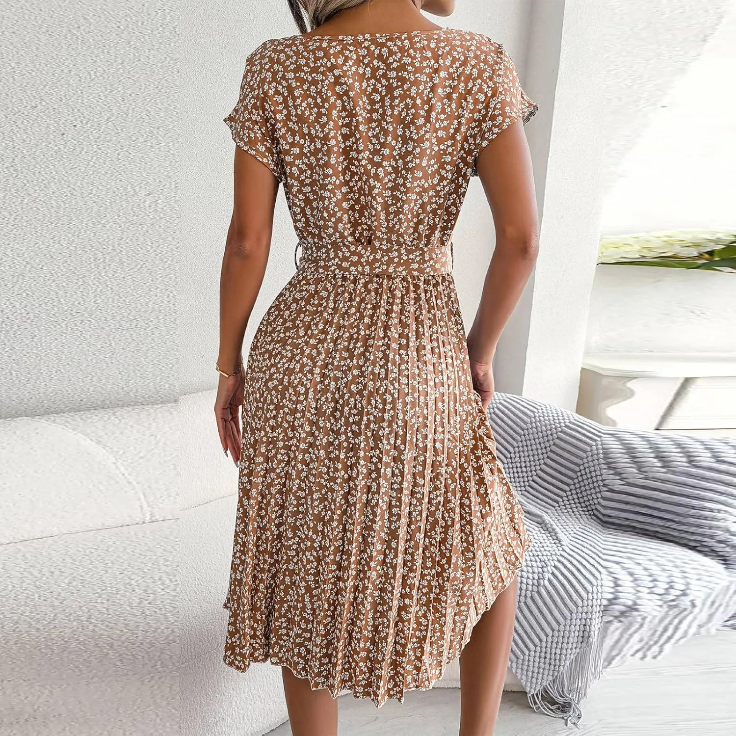 Womens Short Sleeve Midi Dresses Spring Casual Crew Neck Belted Pleated A Line Flowy Wedding Guest Party Dress