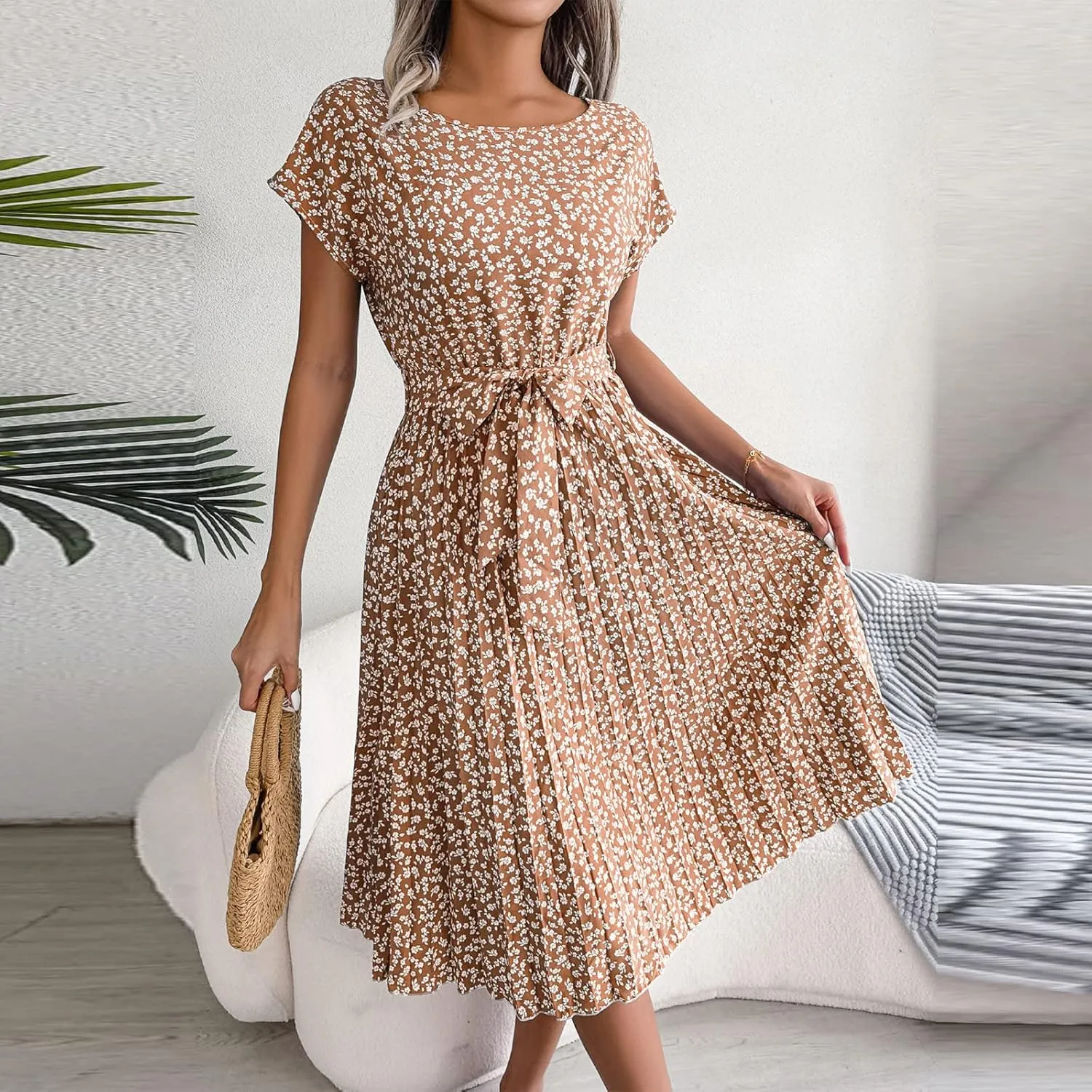 Womens Short Sleeve Midi Dresses Spring Casual Crew Neck Belted Pleated A Line Flowy Wedding Guest Party Dress