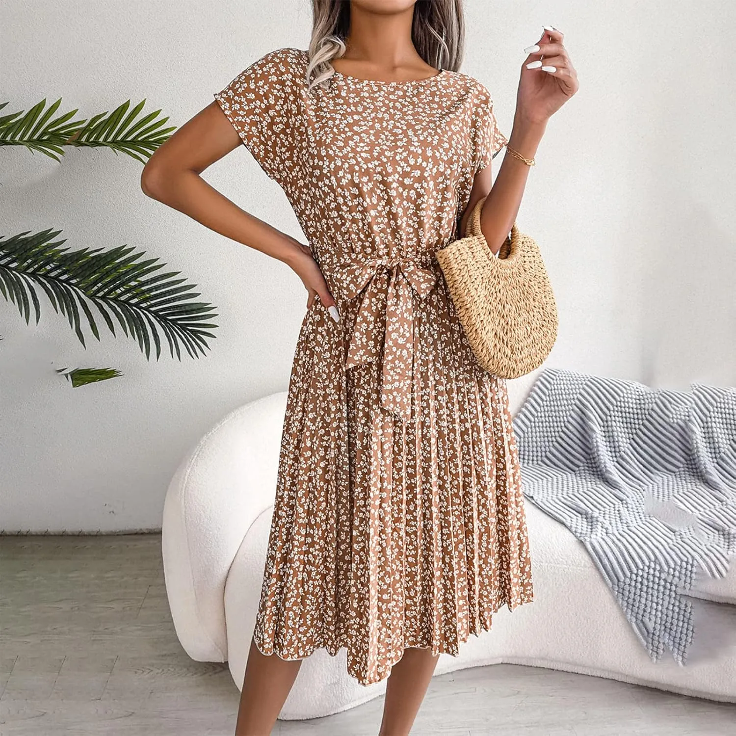 Womens Short Sleeve Midi Dresses Spring Casual Crew Neck Belted Pleated A Line Flowy Wedding Guest Party Dress