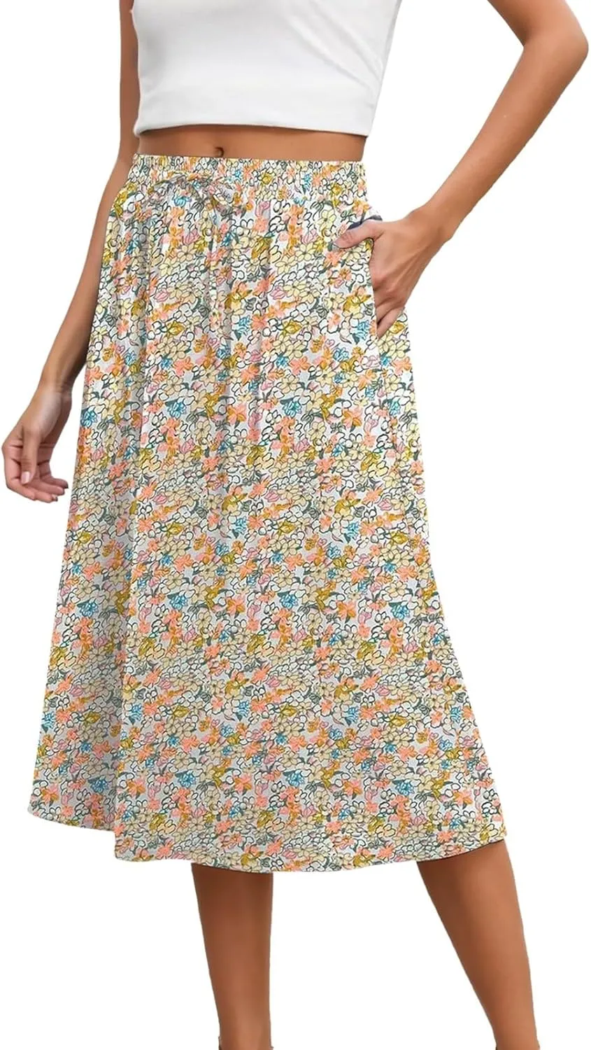 Womens Skirts Elastic Waisted Mid High Waisted Flowy Elegant Skirt Loose Fashionable Comfortable Skorts with Pockets