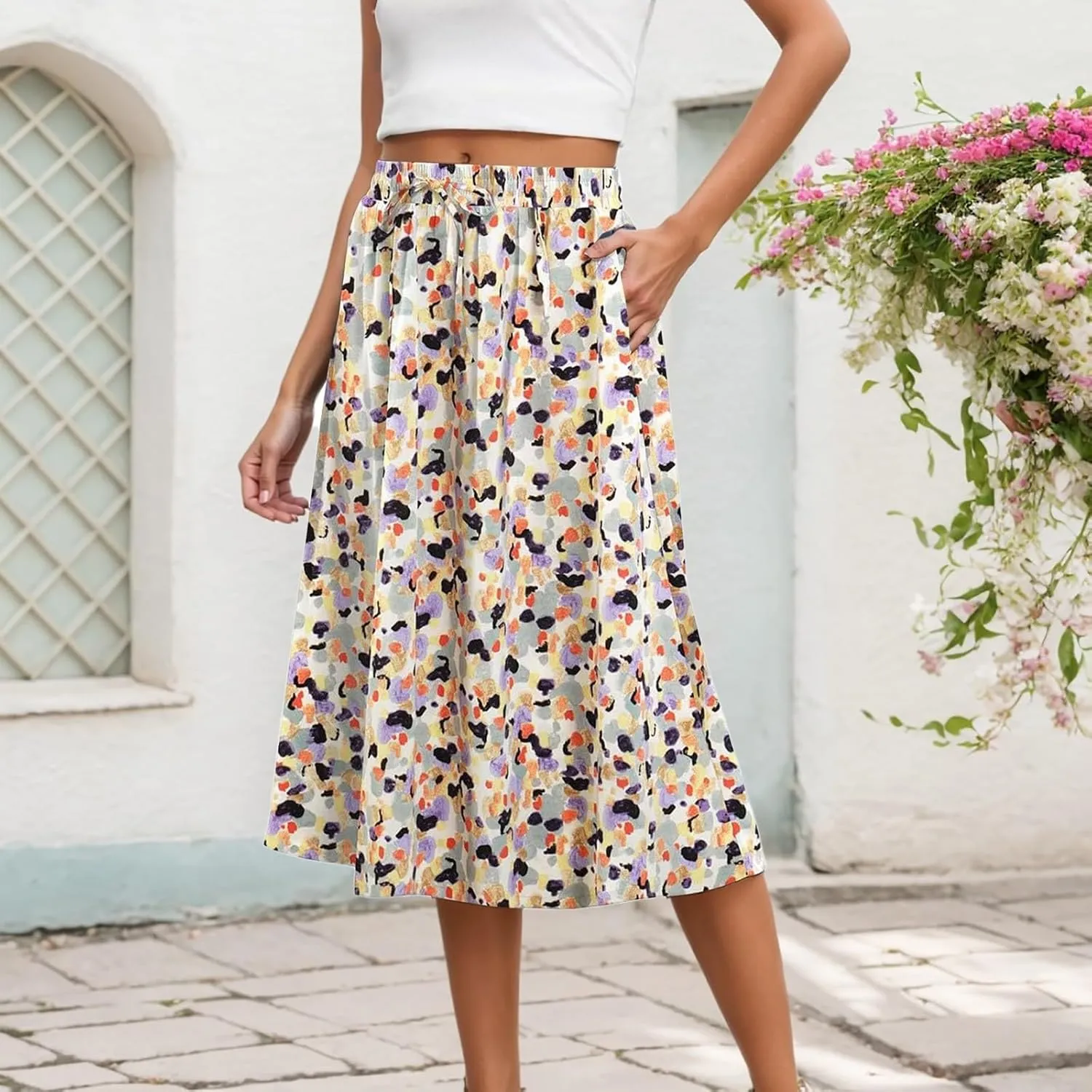 Womens Skirts Elastic Waisted Mid High Waisted Flowy Elegant Skirt Loose Fashionable Comfortable Skorts with Pockets