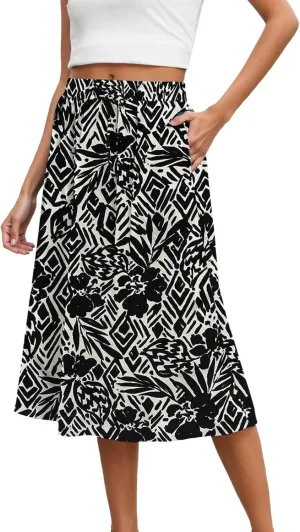 Womens Skirts Elastic Waisted Mid High Waisted Flowy Elegant Skirt Loose Fashionable Comfortable Skorts with Pockets
