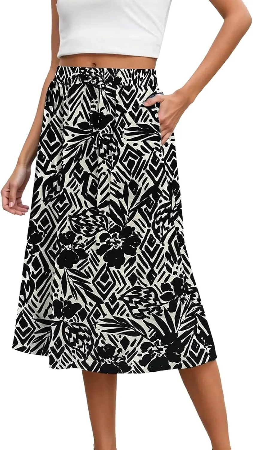 Womens Skirts Elastic Waisted Mid High Waisted Flowy Elegant Skirt Loose Fashionable Comfortable Skorts with Pockets