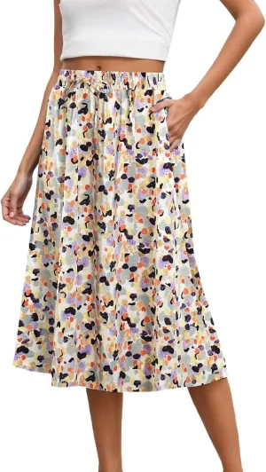 Womens Skirts Elastic Waisted Mid High Waisted Flowy Elegant Skirt Loose Fashionable Comfortable Skorts with Pockets