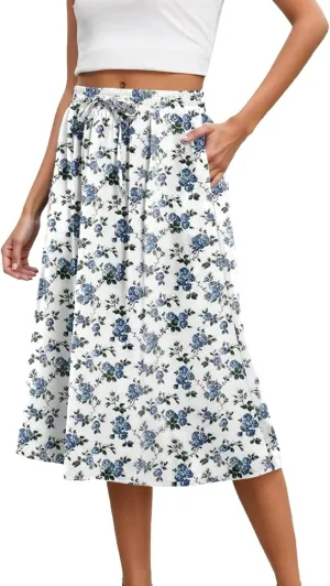 Womens Skirts Elastic Waisted Mid High Waisted Flowy Elegant Skirt Loose Fashionable Comfortable Skorts with Pockets