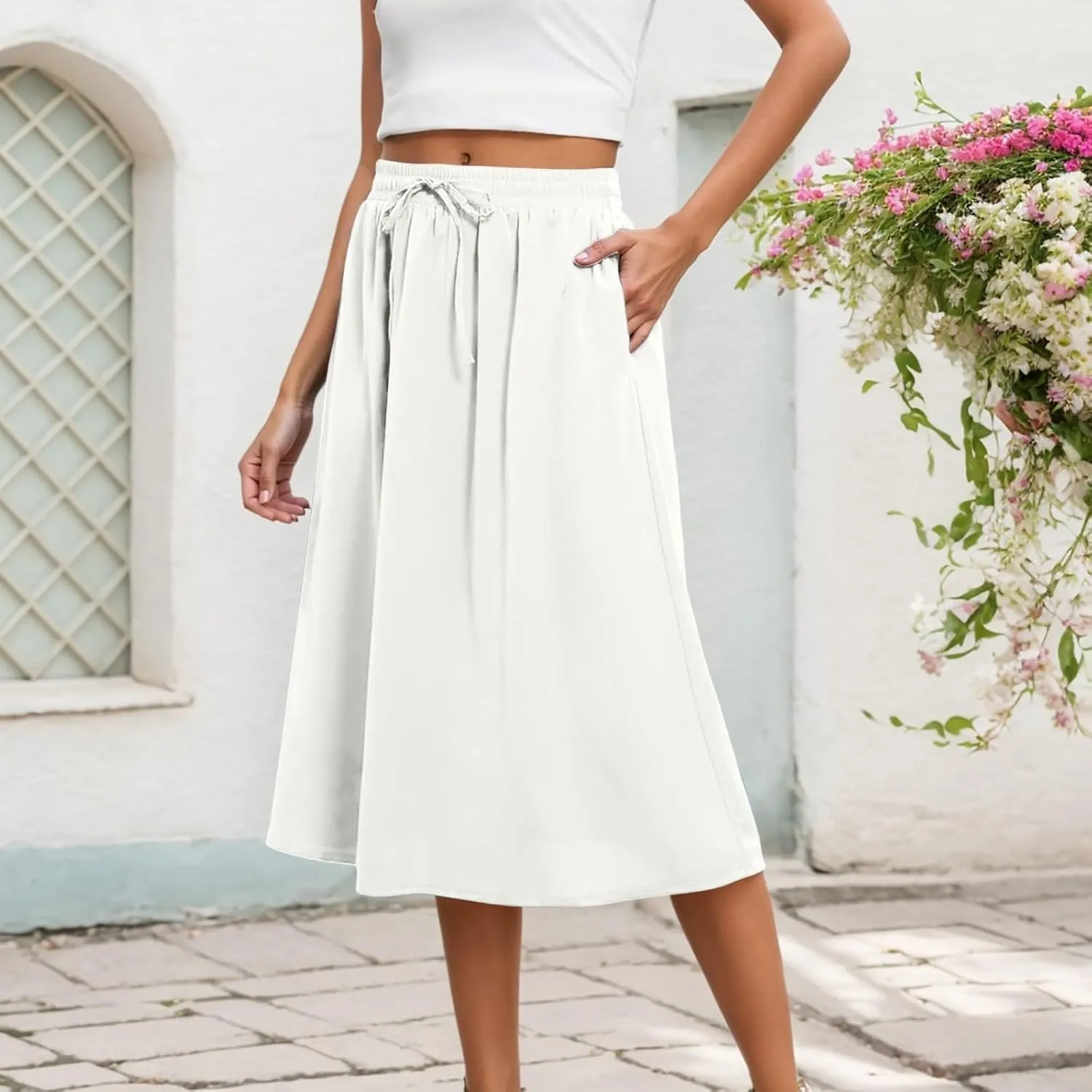 Women's Skirts High Waisted Stretchy Drawstring Baggy Casual Skirt Wide Leg Elastic Waist Solid Color Trendy Skorts