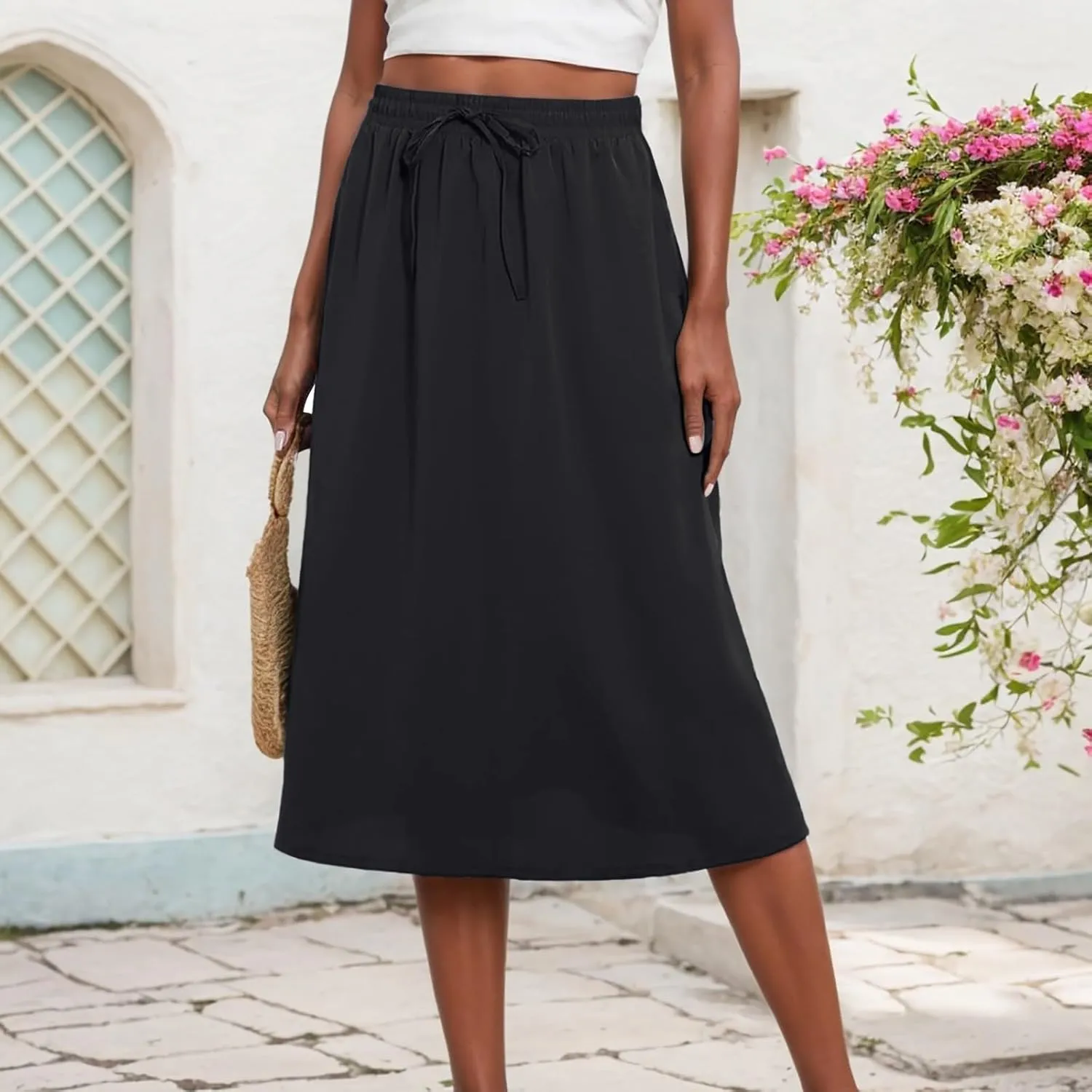 Women's Skirts High Waisted Stretchy Drawstring Baggy Casual Skirt Wide Leg Elastic Waist Solid Color Trendy Skorts